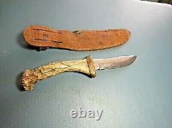 VINTAGE 1960s 70s WESTERN BOWIE KNIFE with ANTLER HORN & LEATHER BELT SHEATH