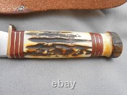 VINTAGE ANTIQUE MARBLES GLADSTONE MICH USA WOODCRAFT STAG HANDLE KNIFE WithSHEATH