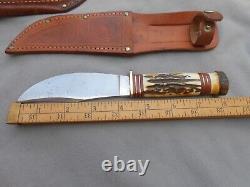 VINTAGE ANTIQUE MARBLES GLADSTONE MICH USA WOODCRAFT STAG HANDLE KNIFE WithSHEATH
