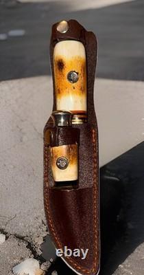 VINTAGE HANDMADE BY ROSE USA FIXED BLADE BUCK HUNTING BONE KNIFE SET WithSHEATH