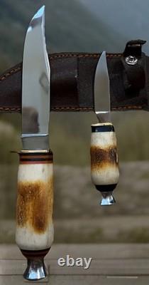 VINTAGE HANDMADE BY ROSE USA FIXED BLADE BUCK HUNTING BONE KNIFE SET WithSHEATH