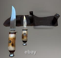 VINTAGE HANDMADE BY ROSE USA FIXED BLADE BUCK HUNTING BONE KNIFE SET WithSHEATH