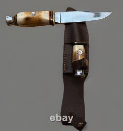 VINTAGE HANDMADE BY ROSE USA FIXED BLADE BUCK HUNTING BONE KNIFE SET WithSHEATH