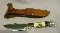 VINTAGE MARBLES HUNTING/CAMPING KNIFE STACKED LEATHER & STAG HANDLE With SHEATH