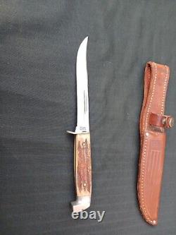 VTG CASE STAG HANDLE FIXED 5 FINN HUNTER KNIFE 1940-65 with SHEATH USA RARE