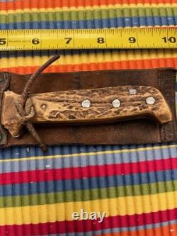 VTG Homemade Antler Hunting Knife With Handmade Leather Sheath 4.5 /overall 9