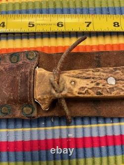 VTG Homemade Antler Hunting Knife With Handmade Leather Sheath 4.5 /overall 9