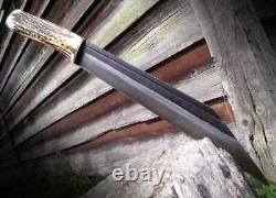 Viking seaz knife handmade use for hunting stag horn handle with leather sheath