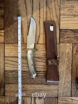 Vintage 11 Fixed Blade Hunting Knife with Curved Stag Handle & Leather Sheath