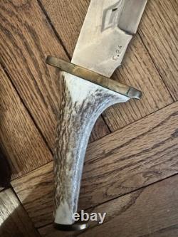 Vintage 11 Fixed Blade Hunting Knife with Curved Stag Handle & Leather Sheath