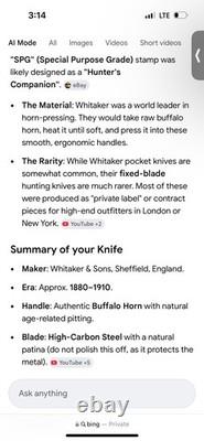 Vintage 1880's Sheffield Whitt Whitaker SPG High Carbon Hunting Knife RARE