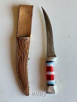 Vintage 1940-65 era Translucent Cherry Bakelite Fixed Blade Knife Leather Sheath