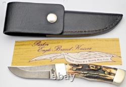 Vintage 1980's PARKER USA Fixed Blade Hunting Knife Stag Handles Damascus MINT
