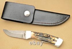 Vintage 1980's PARKER USA Fixed Blade Hunting Knife Stag Handles Damascus MINT