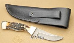 Vintage 1980's PARKER USA Fixed Blade Hunting Knife Stag Handles Damascus MINT