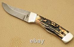 Vintage 1980's PARKER USA Fixed Blade Hunting Knife Stag Handles Damascus MINT
