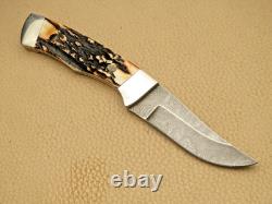 Vintage 1980's PARKER USA Fixed Blade Hunting Knife Stag Handles Damascus MINT