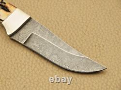 Vintage 1980's PARKER USA Fixed Blade Hunting Knife Stag Handles Damascus MINT