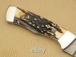 Vintage 1980's PARKER USA Fixed Blade Hunting Knife Stag Handles Damascus MINT