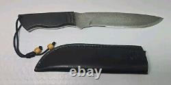 Vintage ANZA 12 FIXED BLADE KNIFE 7.5 Damascus Drop BLADE With Leather Sheath