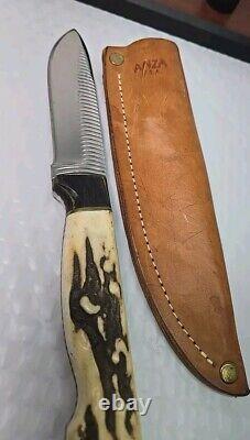 Vintage ANZA 9.5 FIXED BLADE KNIFE 4.75 Drop Point With Leather Sheath