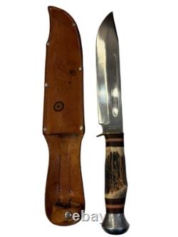 Vintage B. Svoboda Solingen Germany Bowie Knife Stag Handle + Leather Sheath