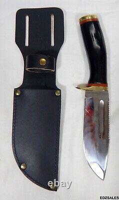 Vintage Bowie Hunting Knife With Sheath Japan Serrated Spine Drop Point Blade