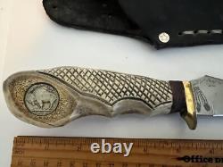 Vintage Bowie Knife Signed And Feathers Engraved With Silver Buffalo Nickel