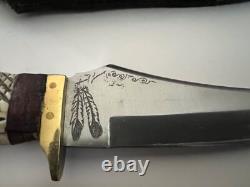 Vintage Bowie Knife Signed And Feathers Engraved With Silver Buffalo Nickel
