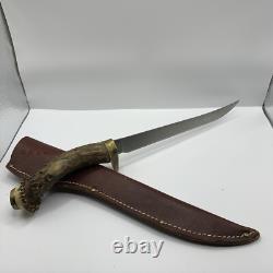 Vintage Buck 127 Knife Fixed 9 Blade Antler Handle With Sheath