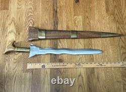 Vintage Carbon Steel Moro Kris Philippines Sword Knife With Wooden Scabbard