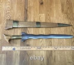 Vintage Carbon Steel Moro Kris Philippines Sword Knife With Wooden Scabbard