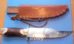 Vintage Cva Italy Hunting Bowie Knife Leather Sheath Upgraded Elk Stag Handle