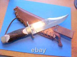 Vintage Cva Italy Hunting Bowie Knife Leather Sheath Upgraded Elk Stag Handle