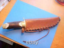Vintage Cva Italy Hunting Bowie Knife Leather Sheath Upgraded Elk Stag Handle
