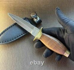 Vintage Dagger Knife Fixed Leopard Wood Handle Leather Sheath Men's France Rare
