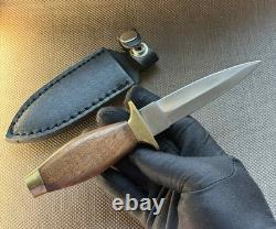 Vintage Dagger Knife Fixed Leopard Wood Handle Leather Sheath Men's France Rare