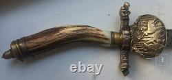 Vintage Dagger Knife Hunting Double Head Dogs Fixed Steel Handle Sheath Rare Old