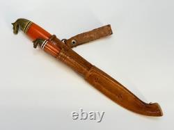 Vintage Double Iisakki Järvenpää Horsehead Puukko Knife Set withGalalite Handles