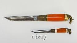 Vintage Double Iisakki Järvenpää Horsehead Puukko Knife Set withGalalite Handles