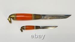 Vintage Double Iisakki Järvenpää Horsehead Puukko Knife Set withGalalite Handles