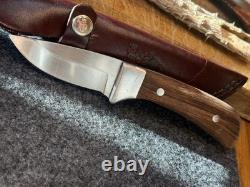 Vintage Fixed Blade Hunting Knife Handmade In The USA With Rigid Burgundy Sheath