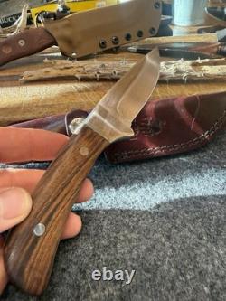 Vintage Fixed Blade Hunting Knife Handmade In The USA With Rigid Burgundy Sheath