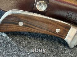 Vintage Fixed Blade Hunting Knife Handmade In The USA With Rigid Burgundy Sheath