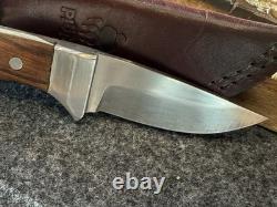 Vintage Fixed Blade Hunting Knife Handmade In The USA With Rigid Burgundy Sheath