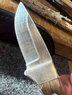 Vintage Fixed Blade Hunting Knife Handmade In The USA With Rigid Burgundy Sheath