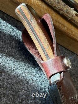 Vintage Fixed Blade Hunting Knife Handmade In The USA With Rigid Burgundy Sheath
