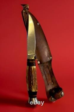 Vintage German PIC Solingen Fixed Blade Hunting Knife Stag Handle Sheath Mint