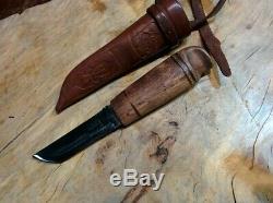 Vintage Helle Norway Laminated Stainless Puukko Skinning Knife 7.5 Sheath