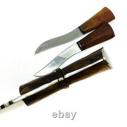 Vintage India Kukri Gurkha Fixed Blade Knife with Wood Handle Leather Sheath 3 pcs